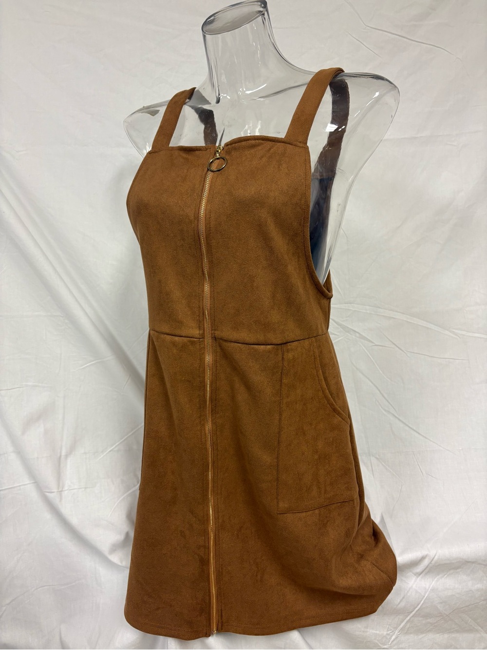 Brown Suede Zip-Front Pinafore Dress